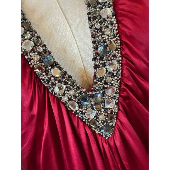 Vintage Y2K Marc Bouwer 100% Silk Maxi Dress Beaded V-Neck Red Cocktail Party 10 - Picture 5 of 14